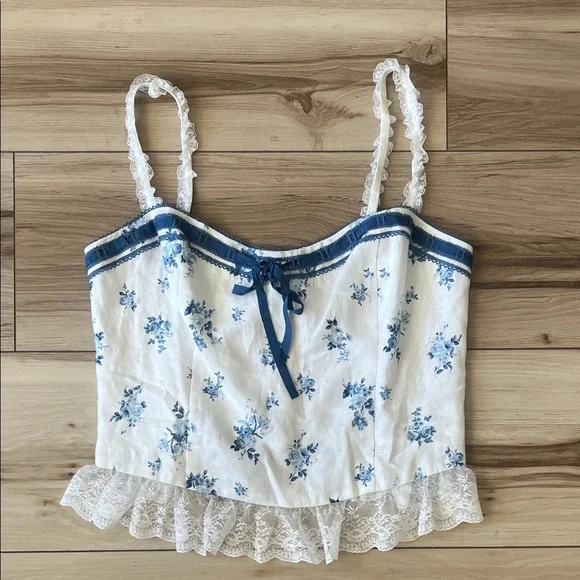 Reformation Paola Linen Sleeveless Top in Delicacy Corset White Blue Coquette - Picture 5 of 9